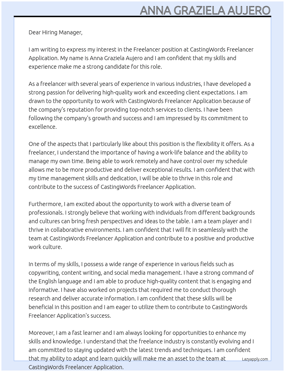 freelancer At CastingWords Freelancer Application Cover Letter