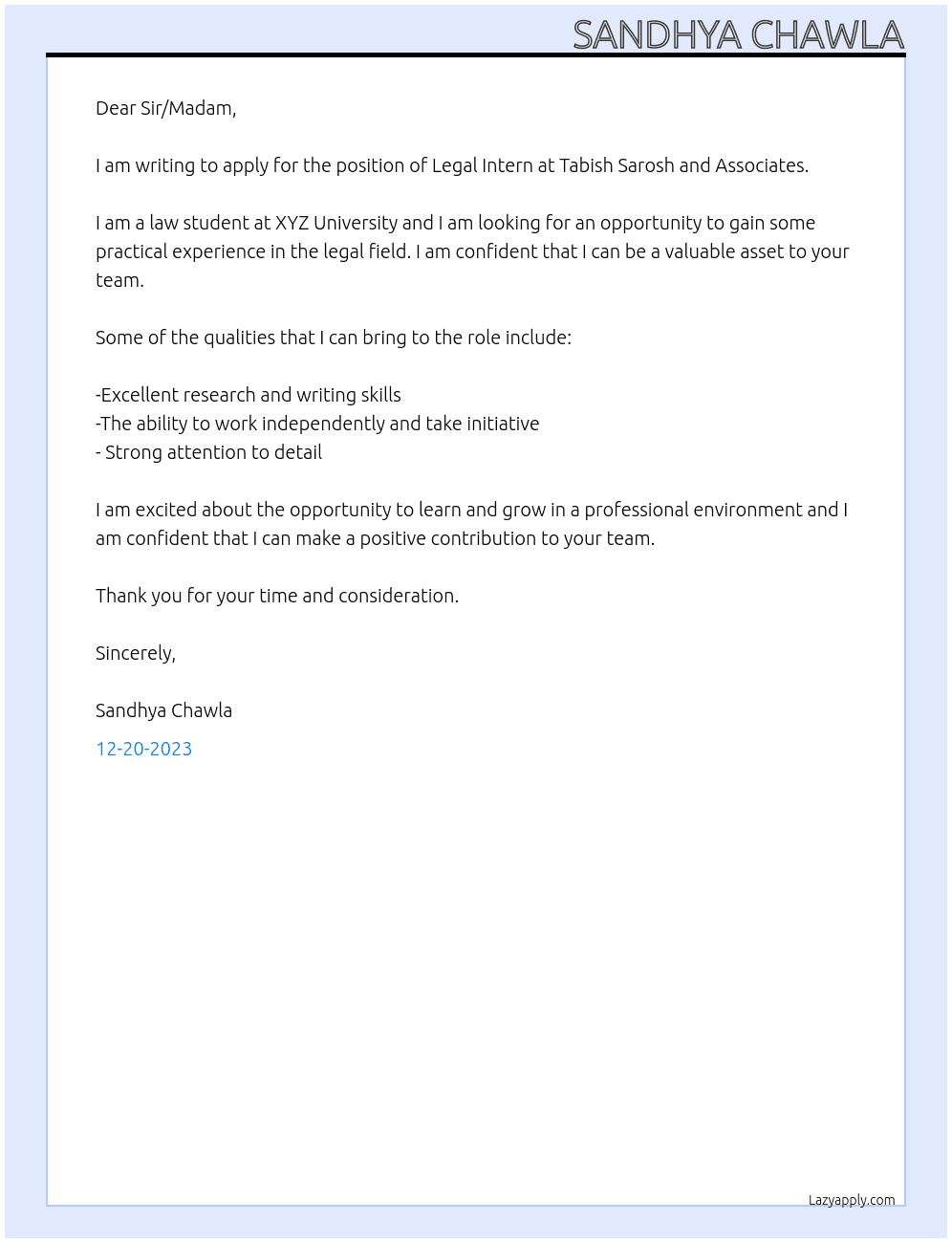 Legal Intern At Tabish Sarosh and Associates  Cover Letter