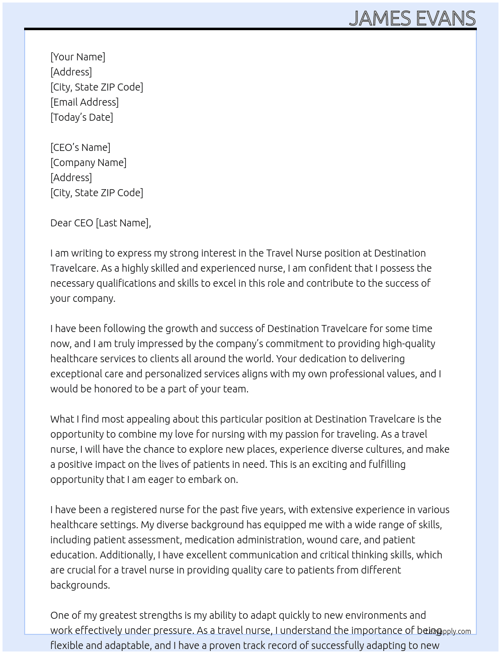 Travel Nurse At Destination Travelcare Cover Letter