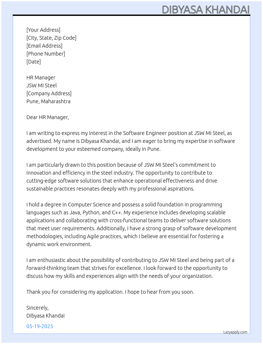 Software Engineer  At JSW MI Steel Cover Letter