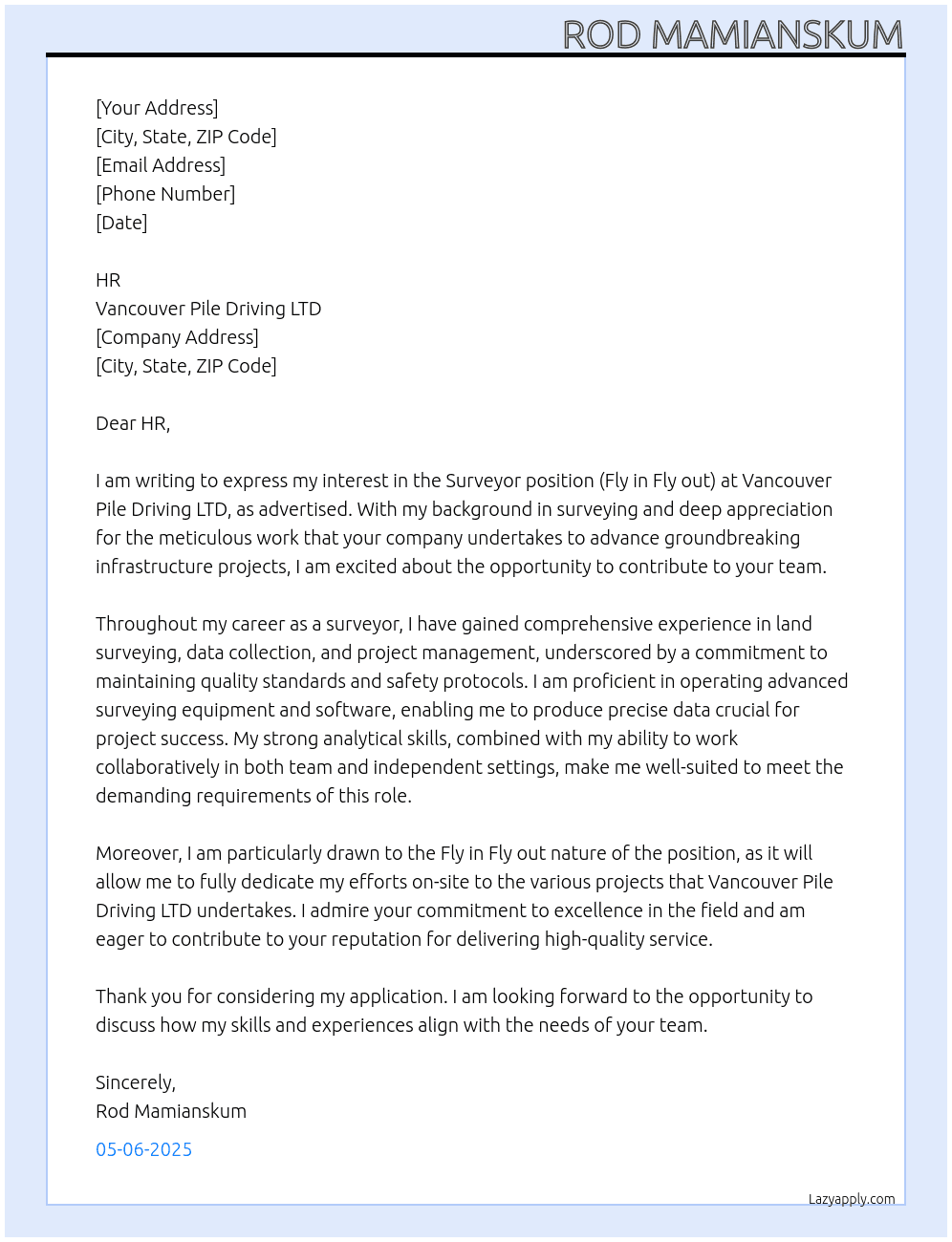 Cover letter for surveyor - fly in fly out - LazyApply