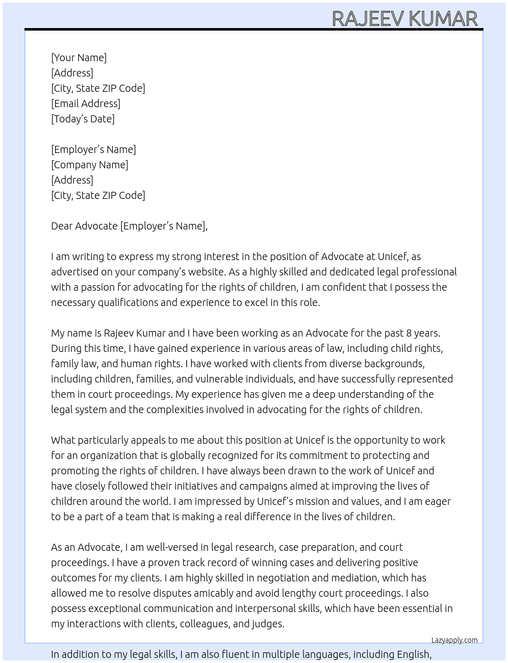 Advocate  At Unicef Cover Letter