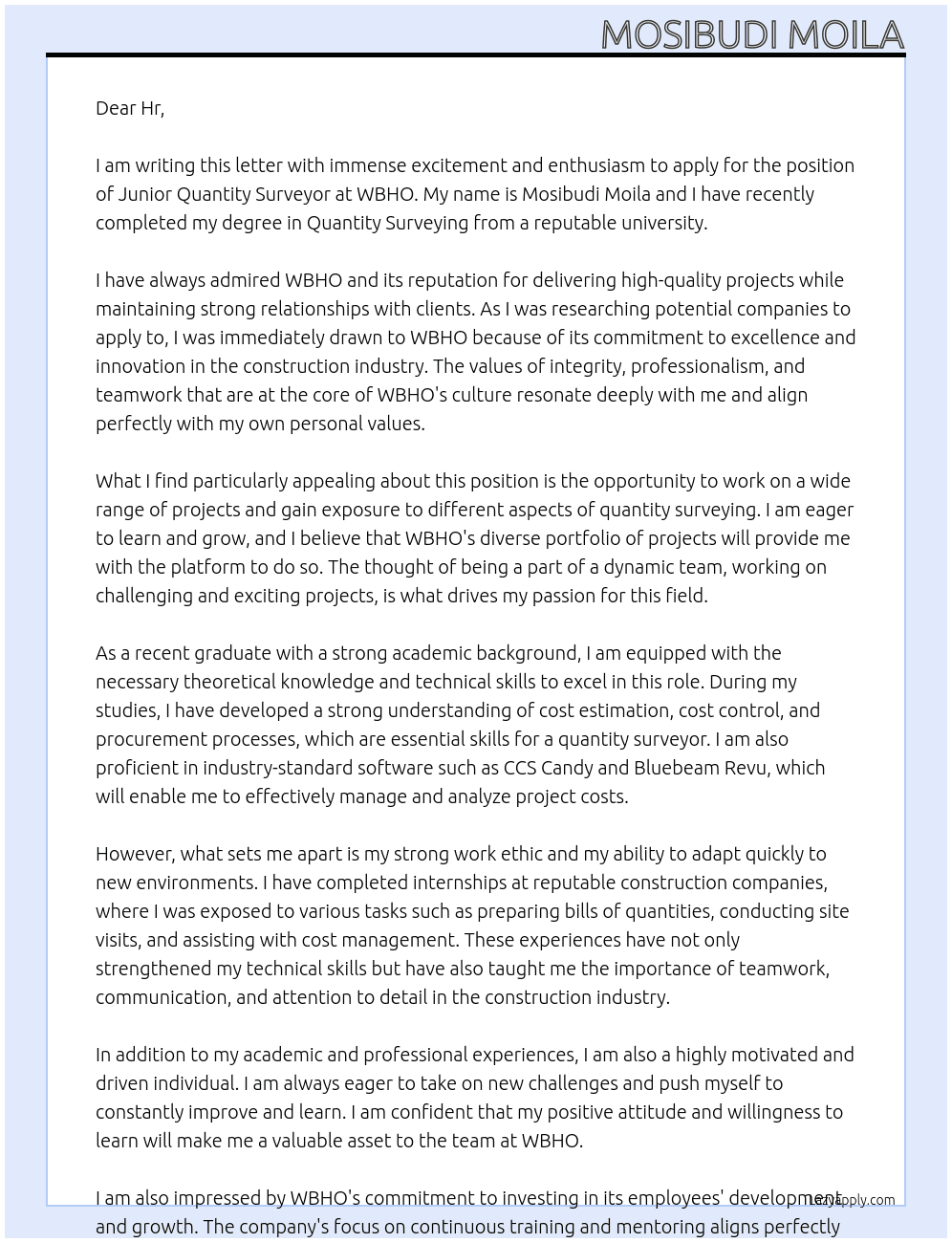 Junior Quantity surveyor  At Wbho Cover Letter