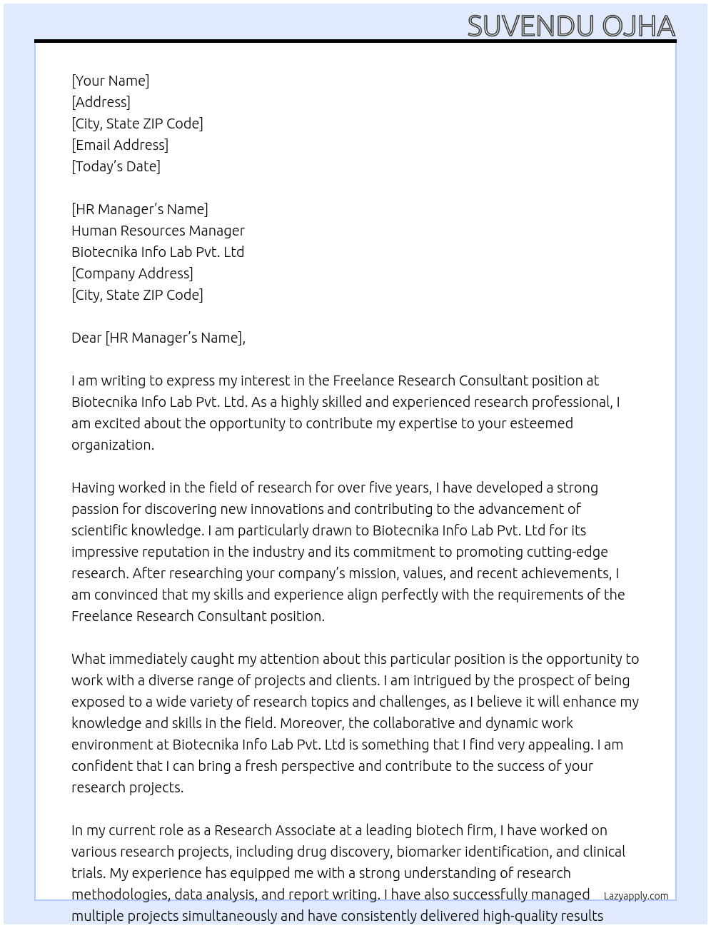 Freelance Research Consultant At Biotecnika Info Lab Pvt. Ltd Cover Letter