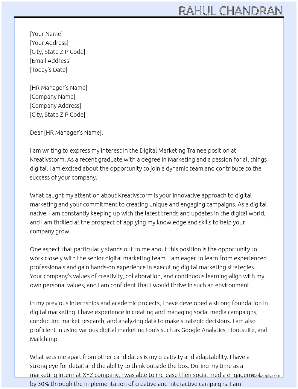 Digital Marketing Trainee At Kreativstorm Cover Letter