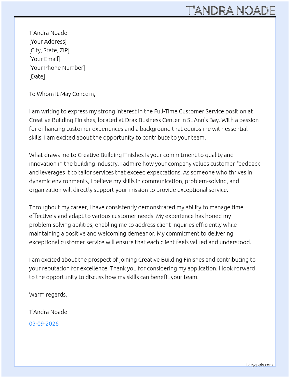 Customer Service At Creative Building Finishes Cover Letter