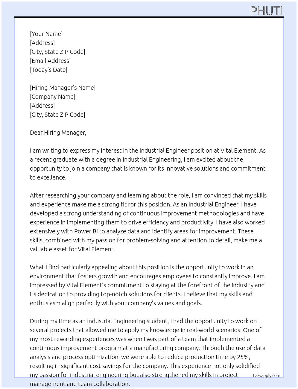 Industrial Engineer At Vital Element Cover Letter