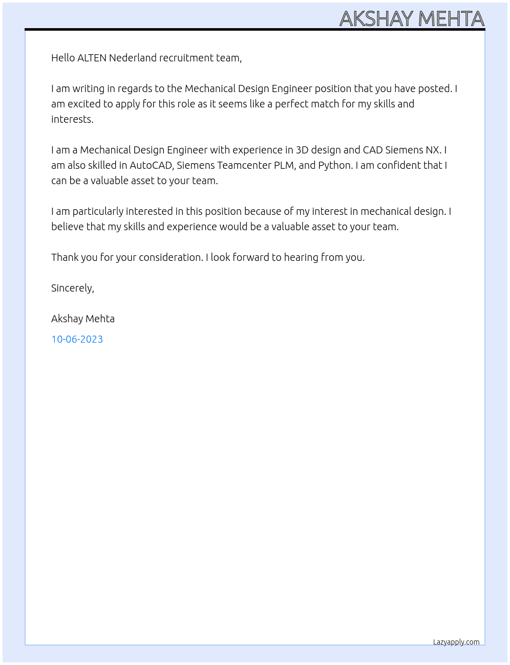 Mechanical Design Engineer At ALTEN Nederland Cover Letter