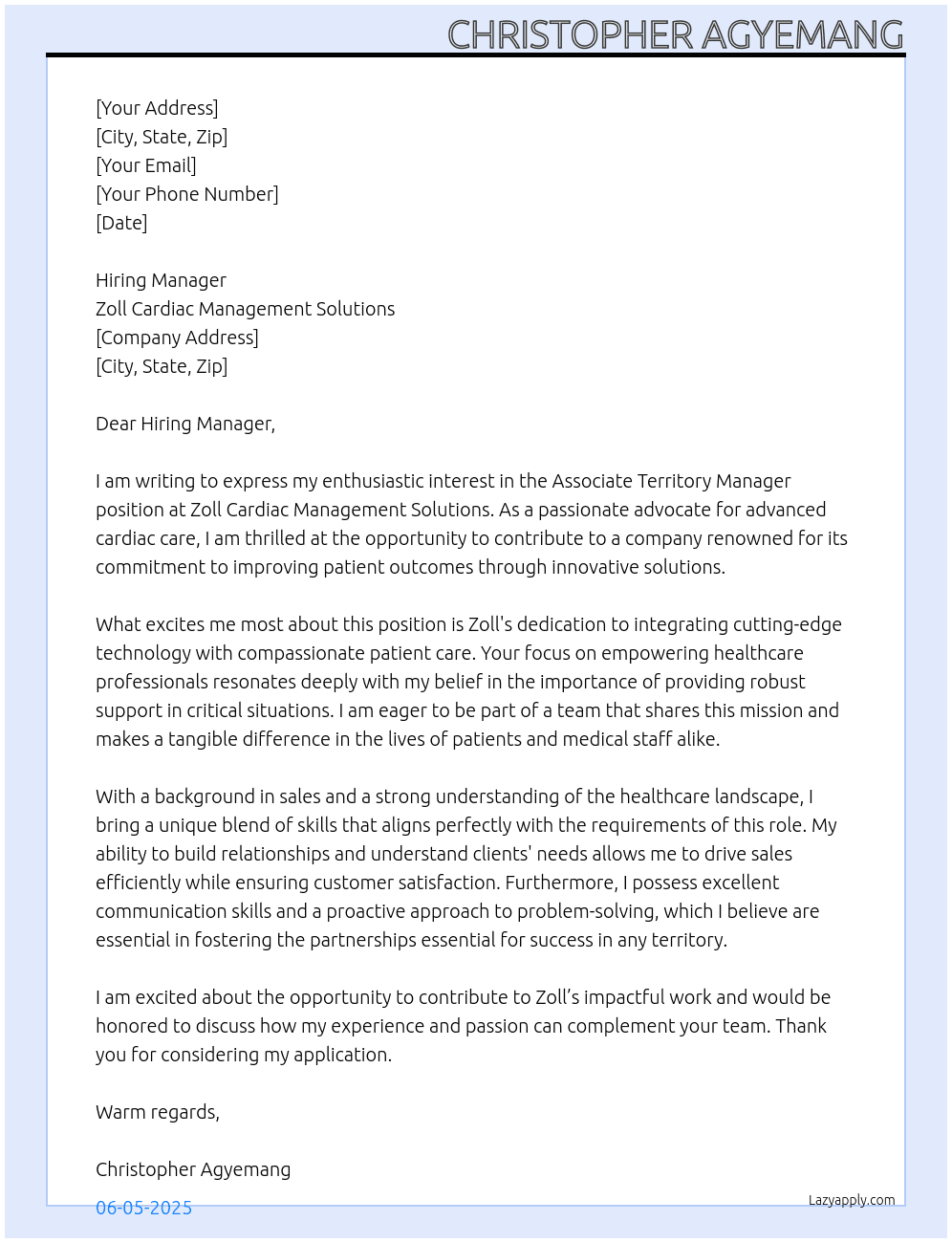 Associate Territory manager At Zoll Cardiac Management Solutions Cover Letter