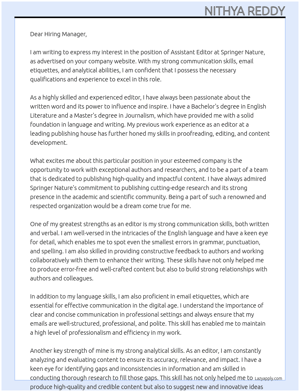 Assistant Editor At Springer Nature Cover Letter