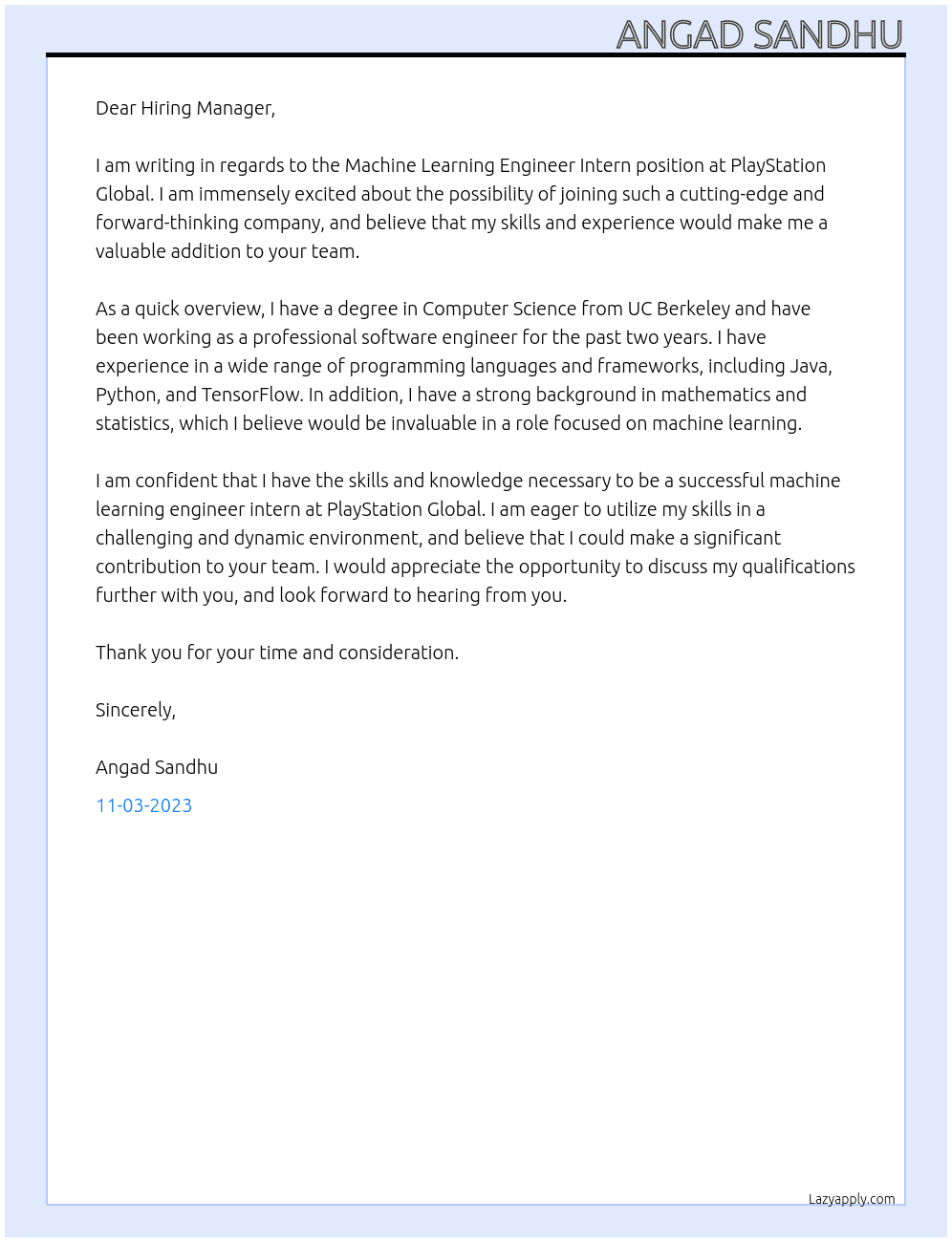 Machine Learning Engineer Intern At PlayStation Global Cover Letter