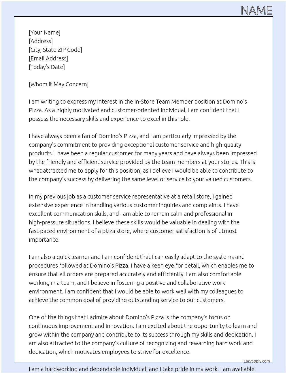 In-Store Team Member At Domino's Pizza Cover Letter