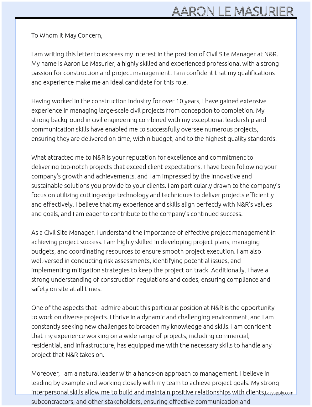 Civil site manager  At N&R Cover Letter