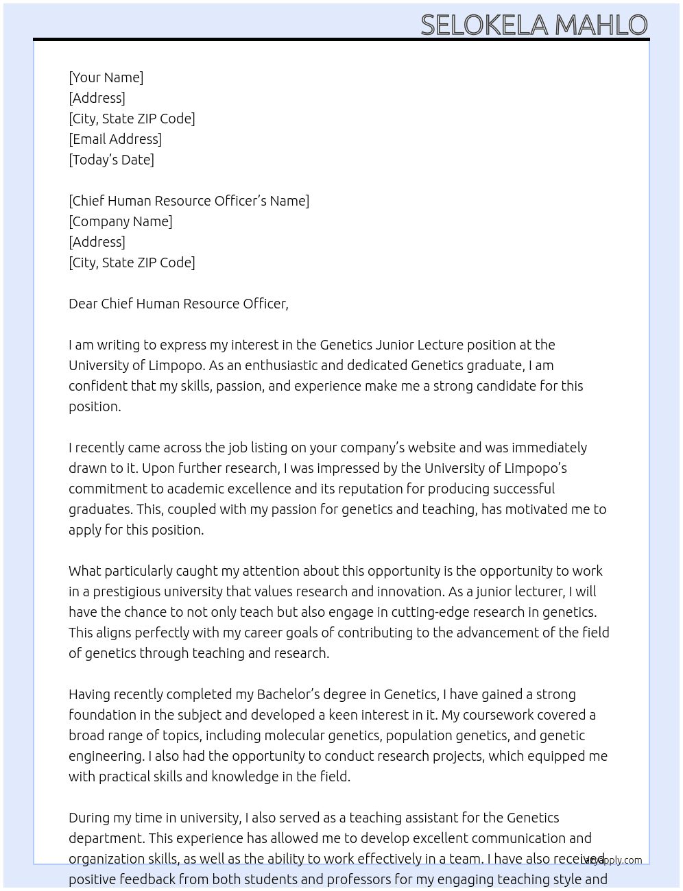 genetics junior lecture At university of limpopo Cover Letter