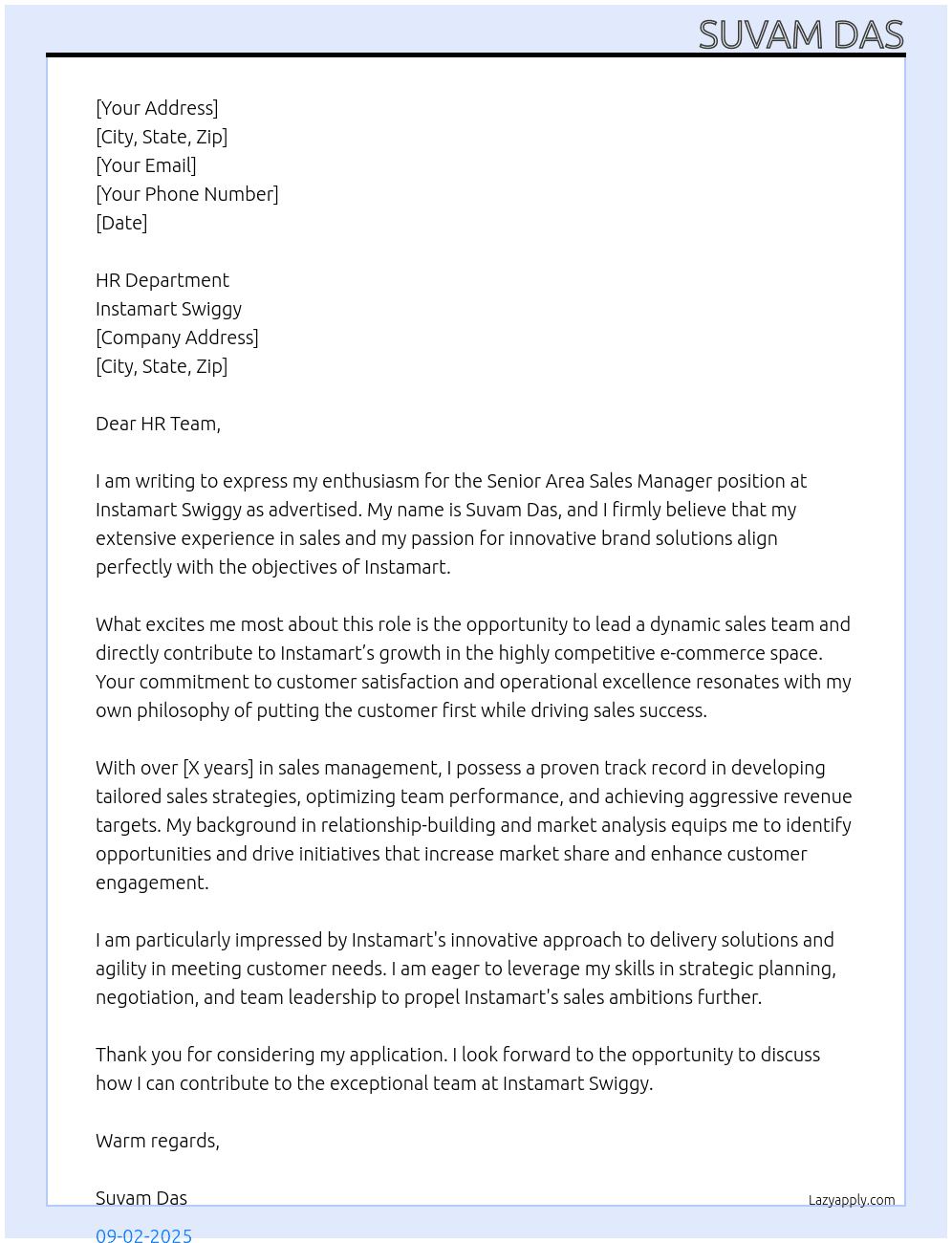 SENIOR AREA SALES MANAGER  At INSTAMART SWIGGY  Cover Letter