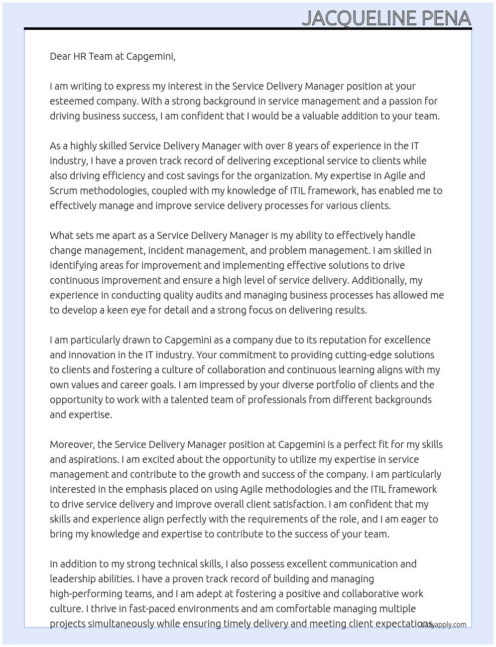 Service Delivery Manager At Capgemini Cover Letter