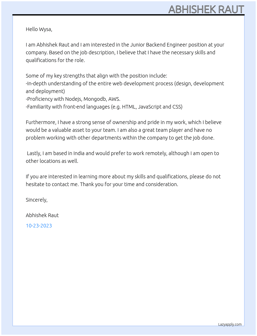 Junior Backend Engineer At Wysa Cover Letter