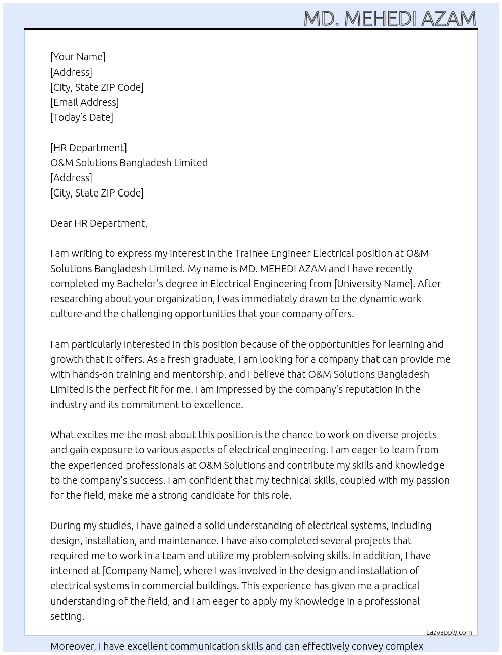 Trainee Engineer Electrical At O&M Solutions Bangladesh Limited Cover Letter