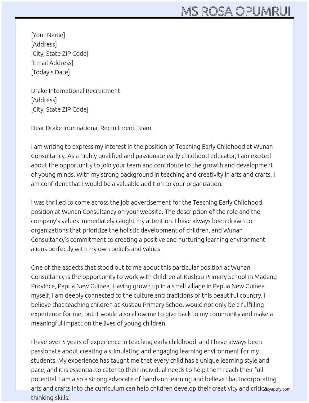 Teaching early childhood  At Wunan Consultancy  Cover Letter