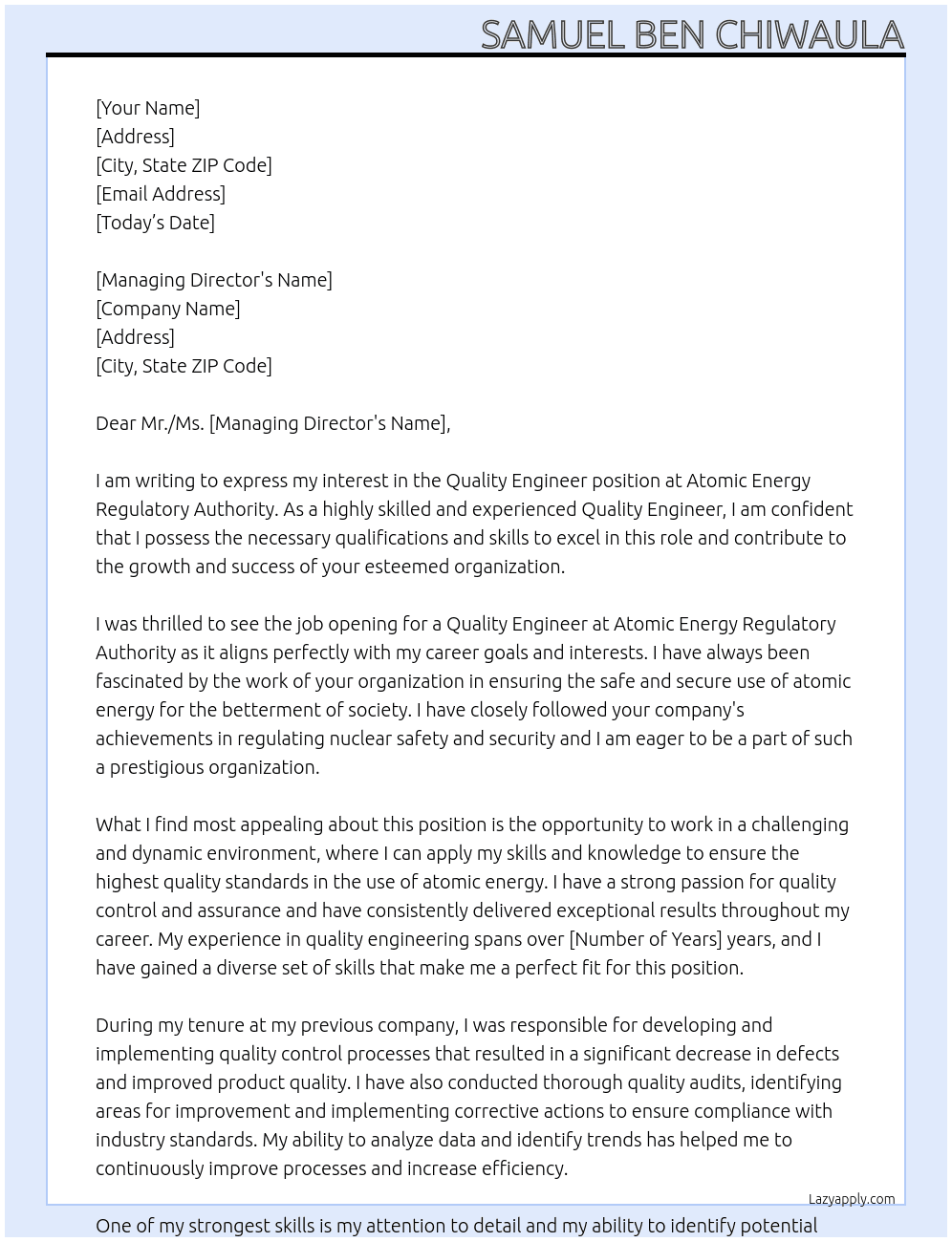 Quality Engineer At Atomic Energy Regulatory Authority Cover Letter