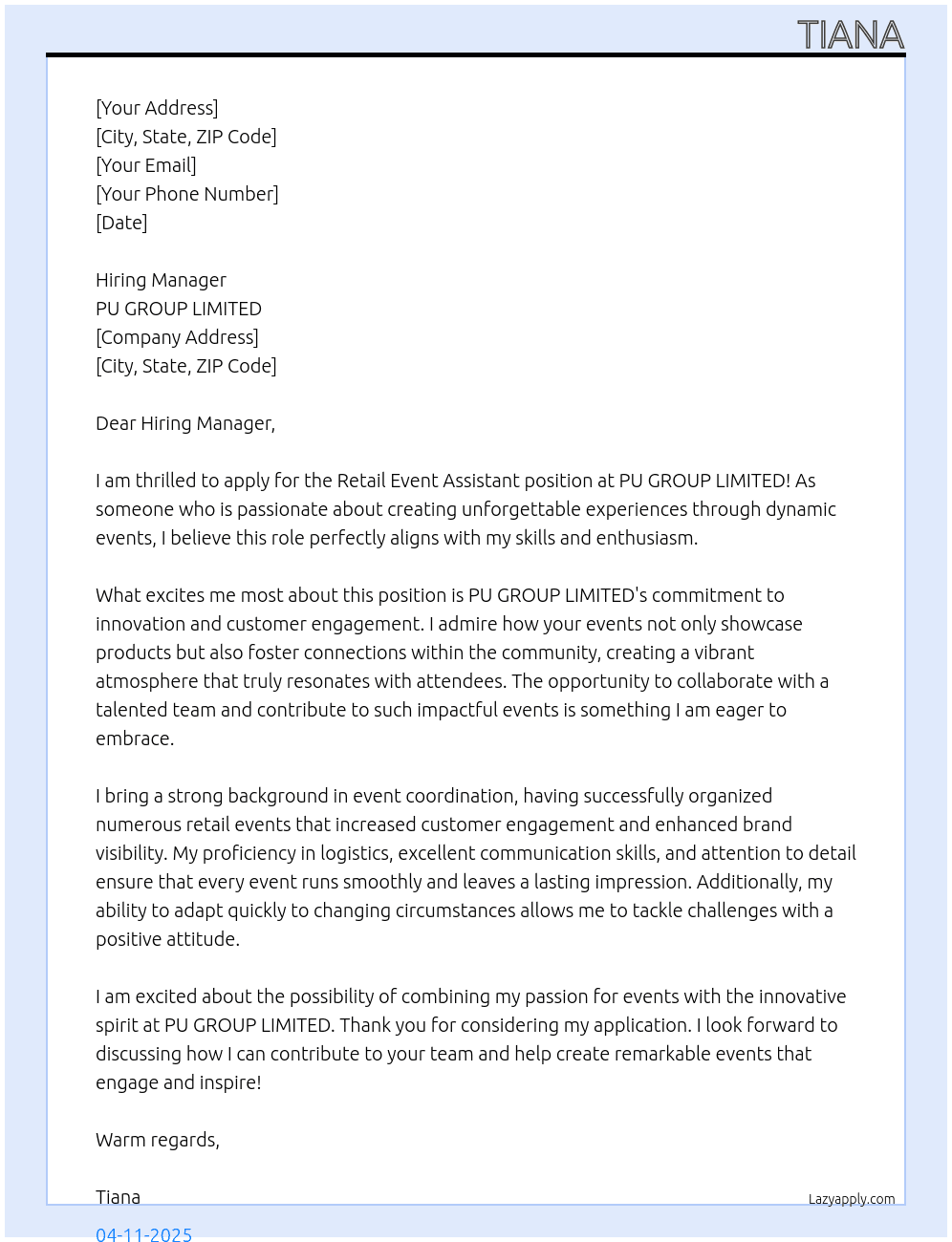 retail event assistant At PU GROUP LIMITED  Cover Letter