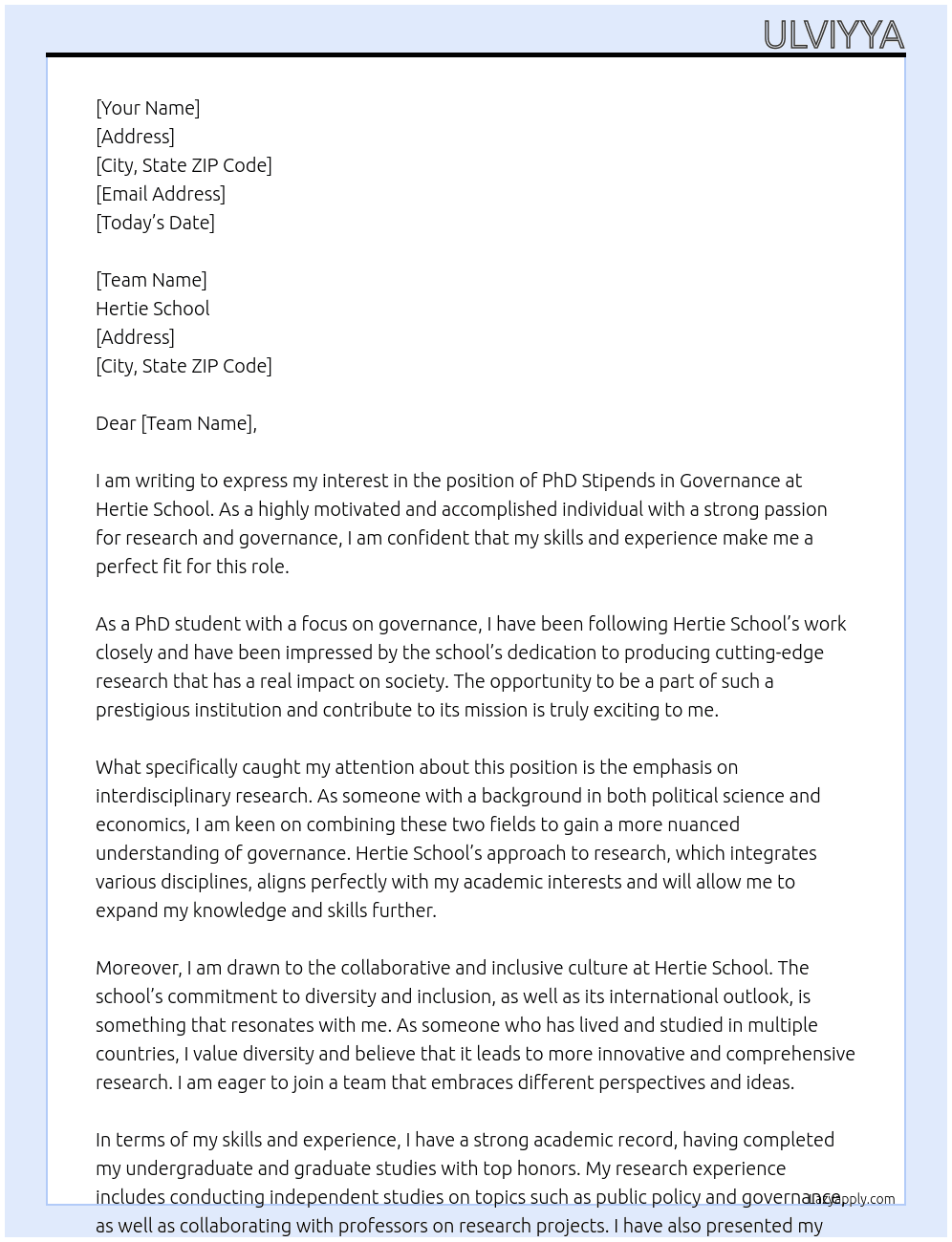 PhD Stipends in Governance At Hertie School Cover Letter