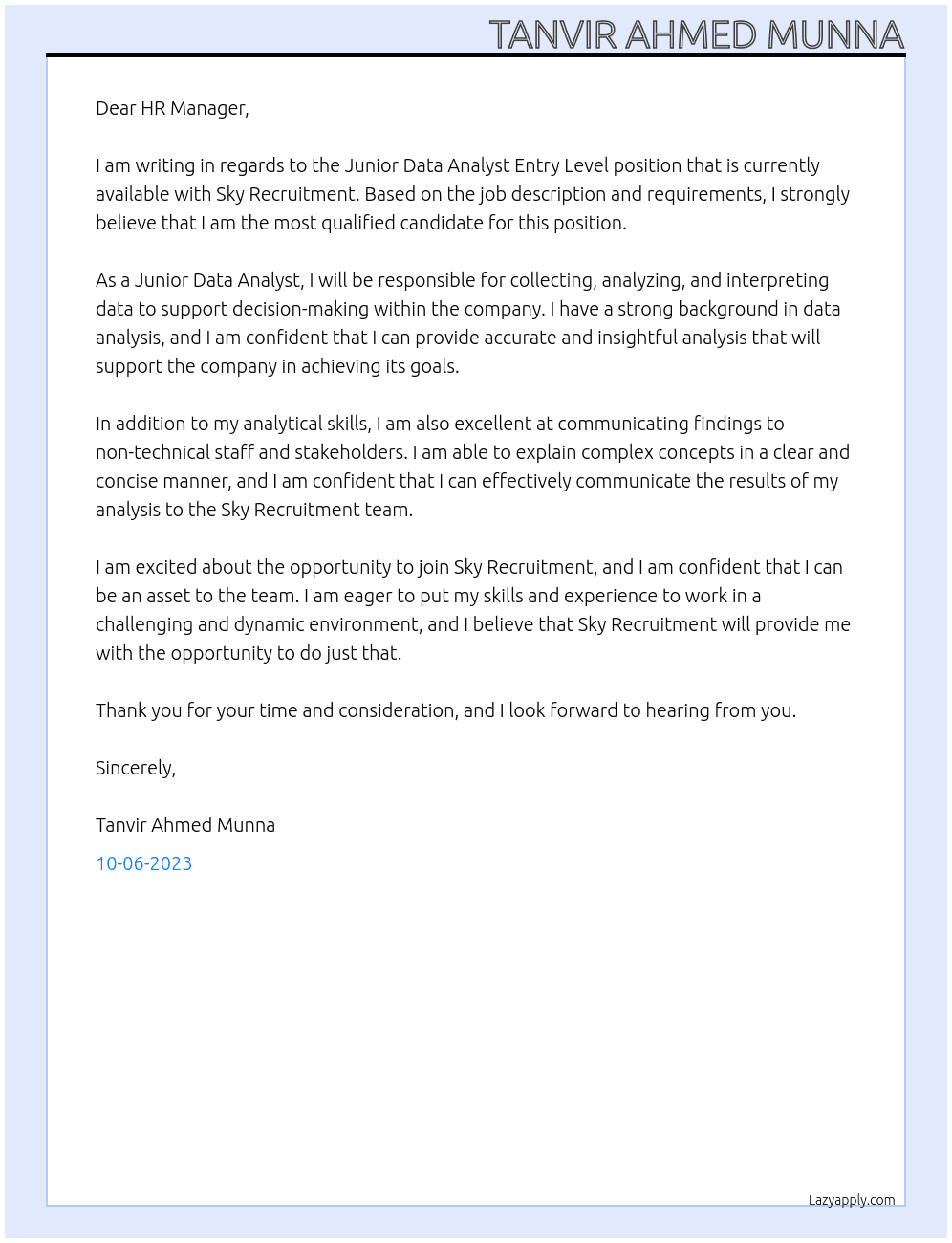 Junior Data Analyst Entry Level - US/Canada At Sky Recruitment Cover Letter