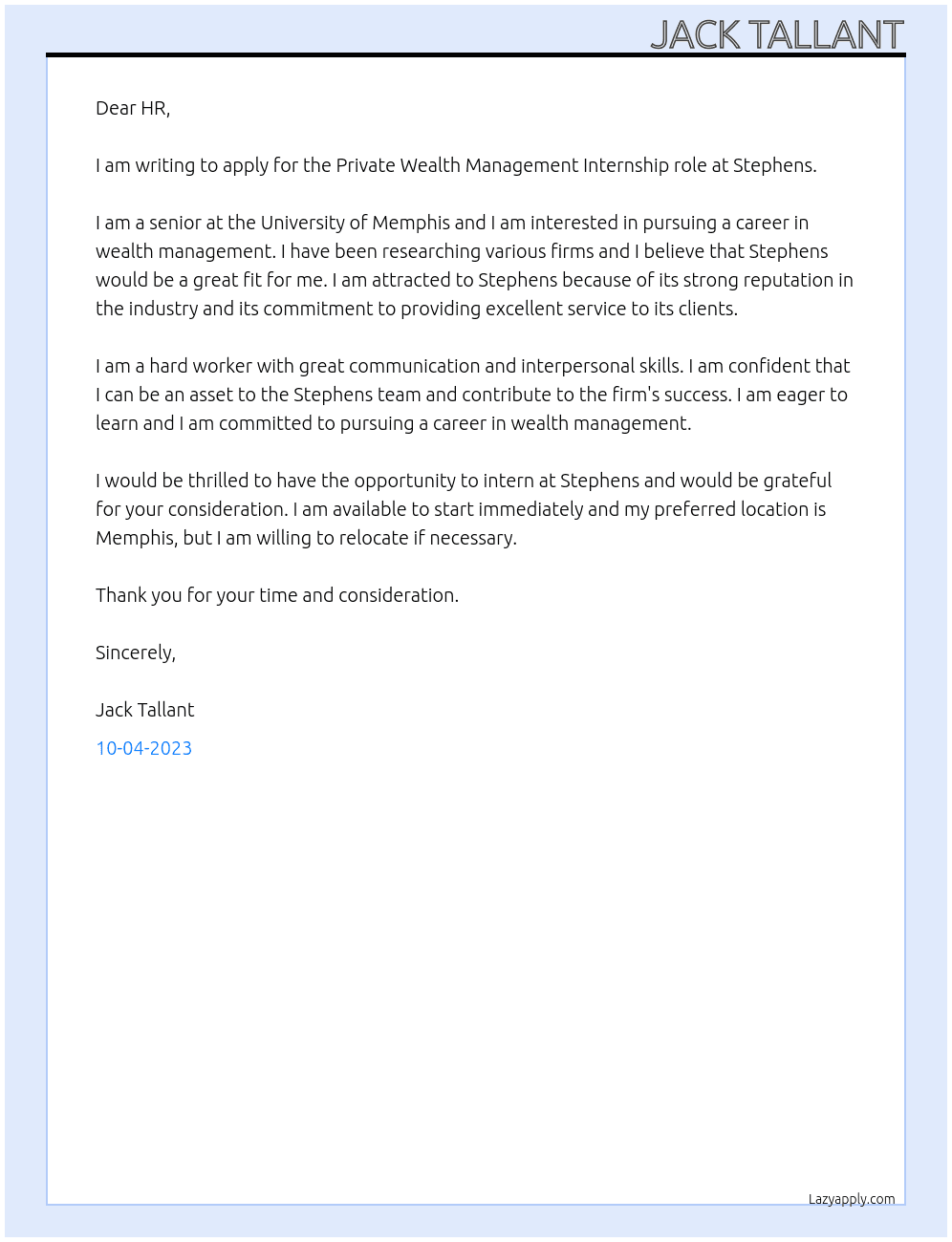 Private Wealth Managment At Stephens Cover Letter