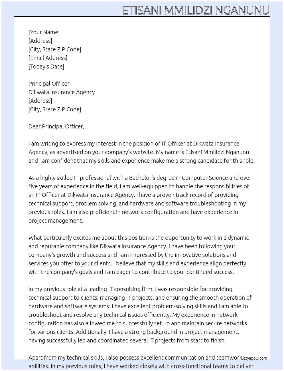 IT Officer At Dikwata Cover Letter
