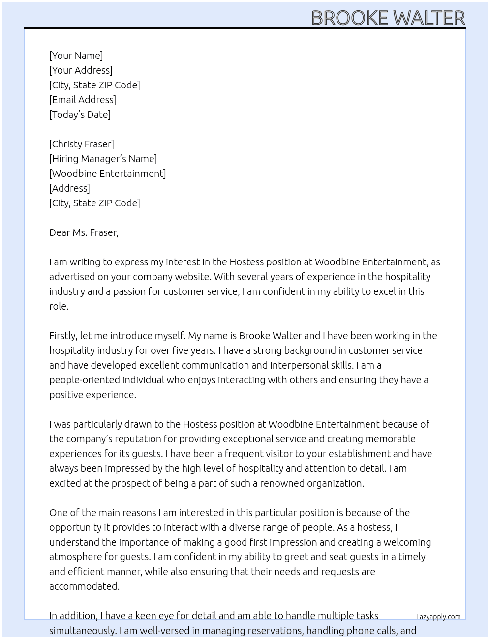 hostess At Woodbine Entertainment Cover Letter