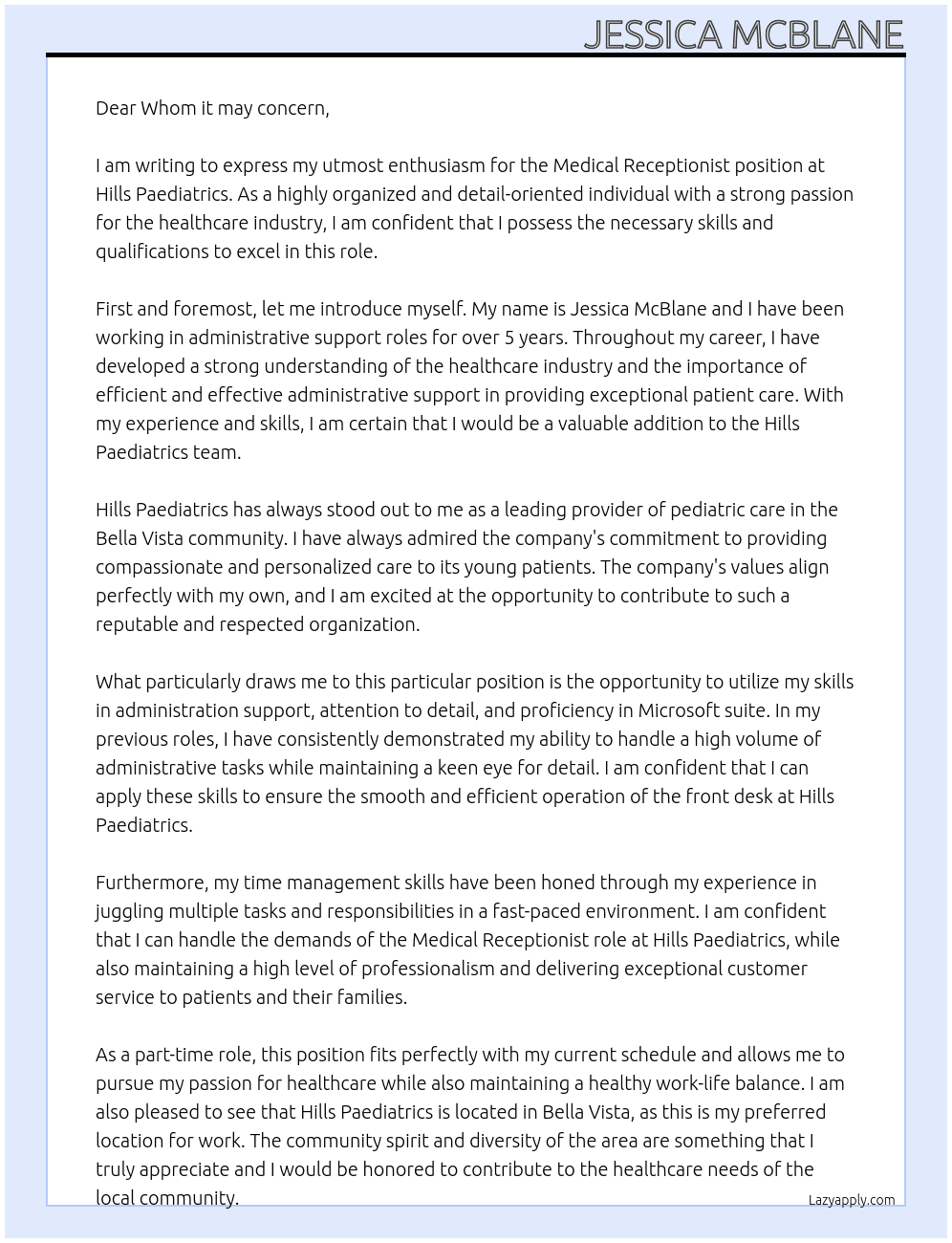 Medical receptionist At Hills Paediatrics Cover Letter