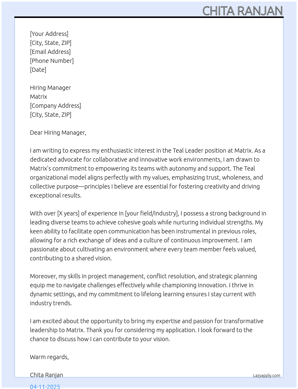 Teal leader  At Matrix Cover Letter