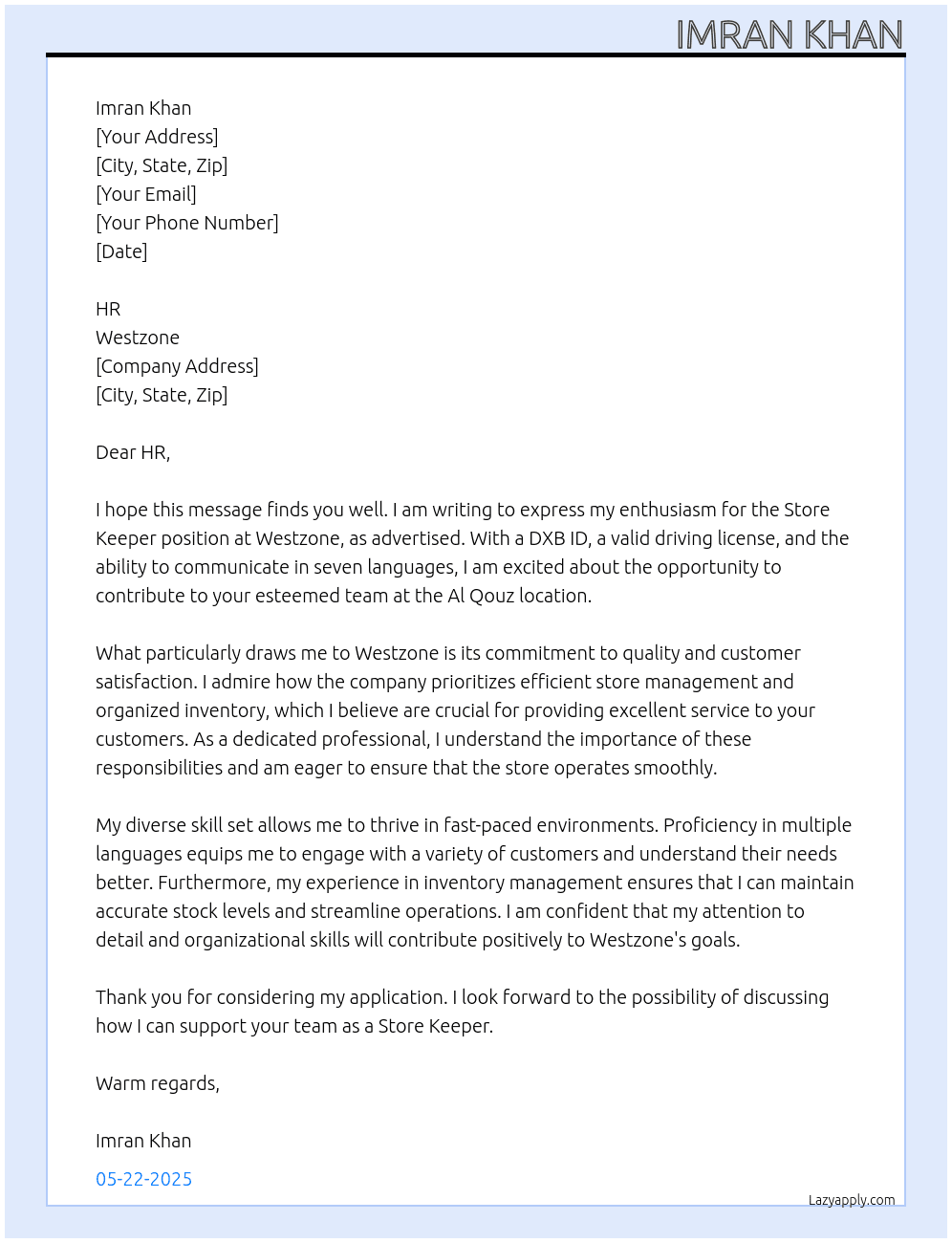 Store keeper At Westzone Cover Letter