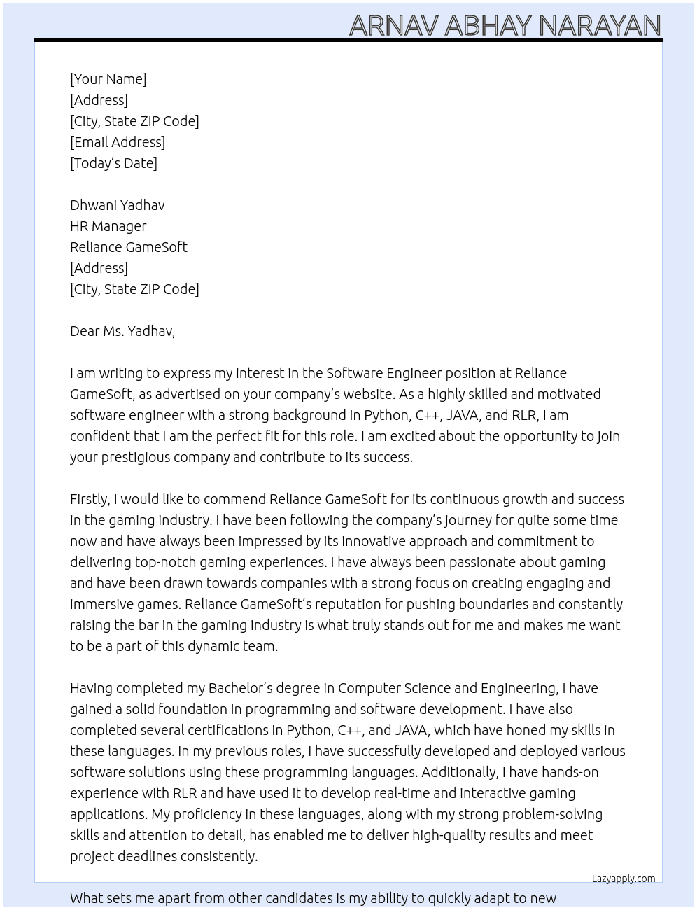 Software Engineer  At Reliance GameSoft Cover Letter