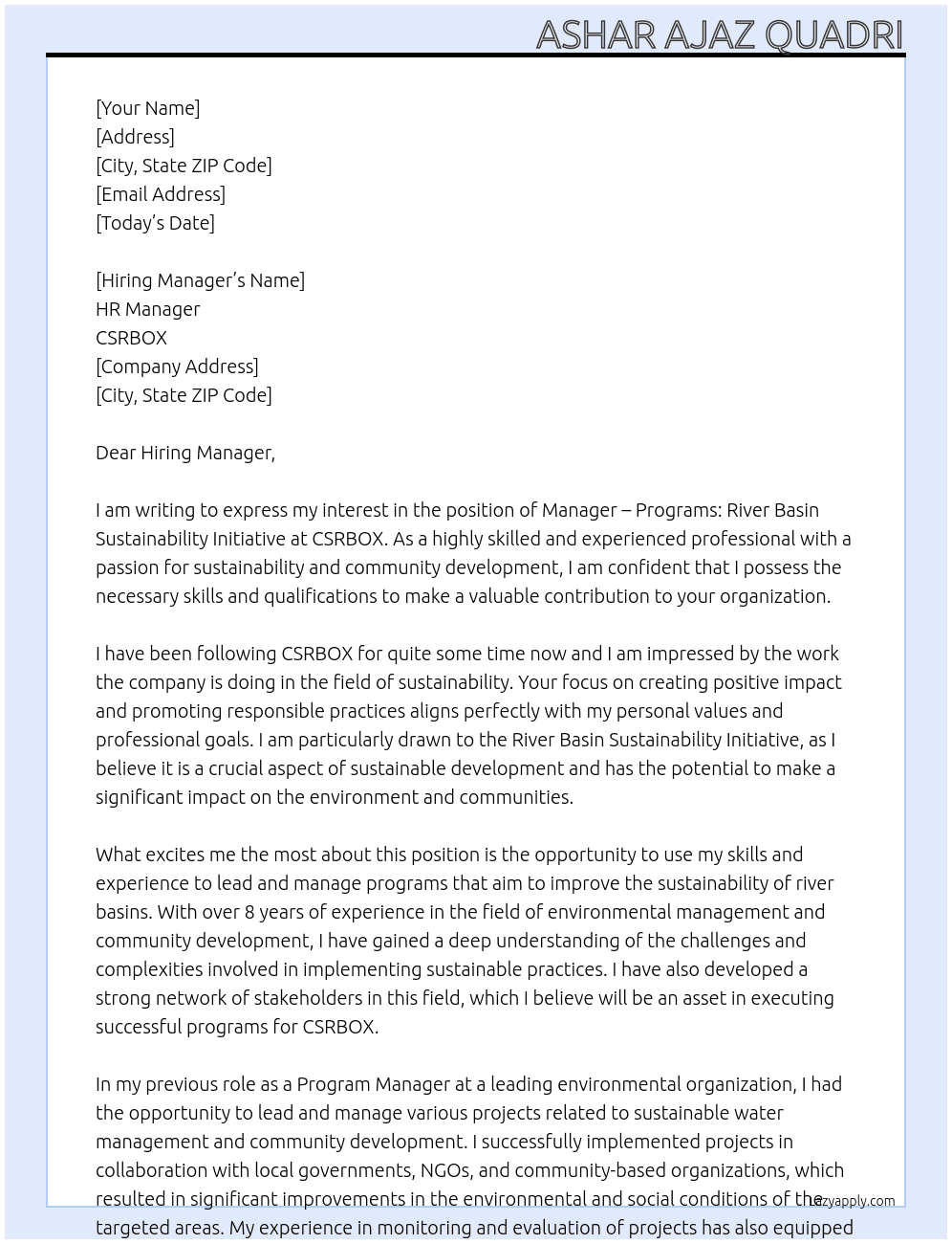 ‘Manager – Programs: River Basin Sustainability Initiative’ At CSRBOX Cover Letter
