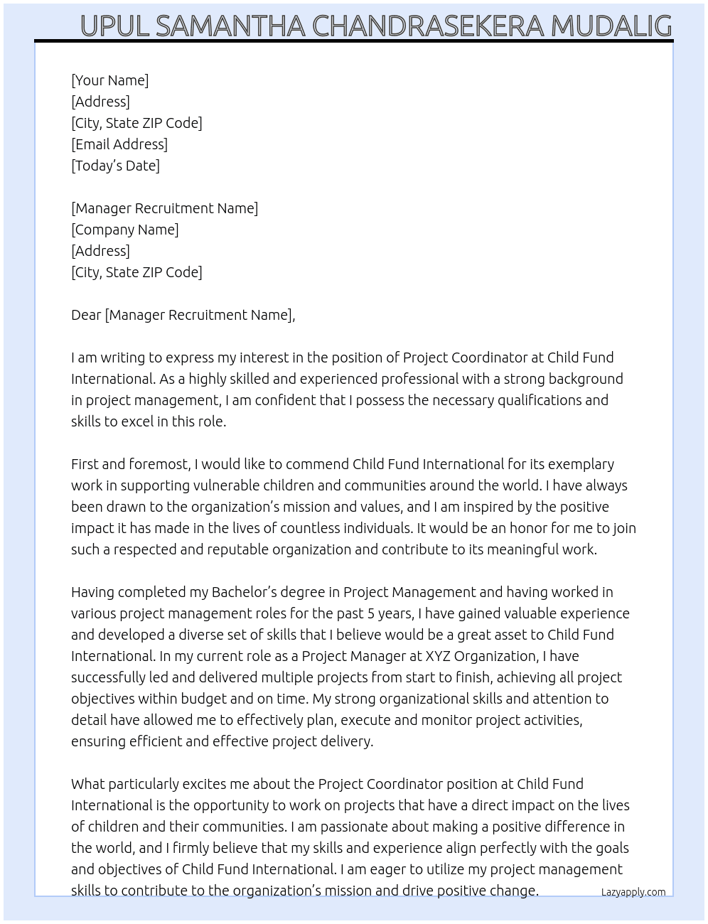 Project Cordinator At Child Fund International Cover Letter