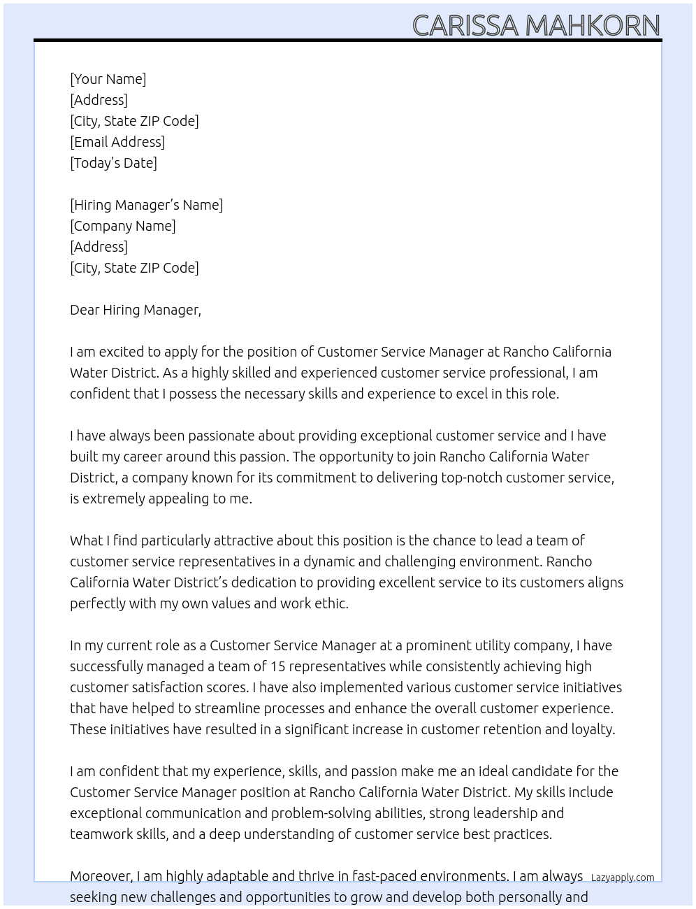 Customer Service Manager At Rancho California Water District Cover Letter