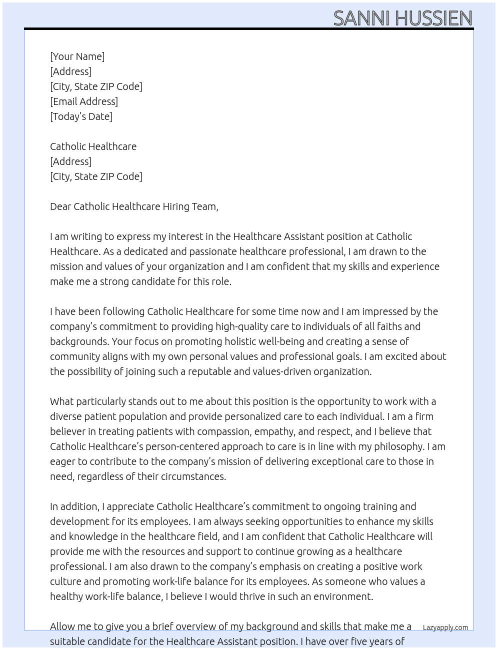 Healthcare assistant  At Catholic Healthcare  Cover Letter