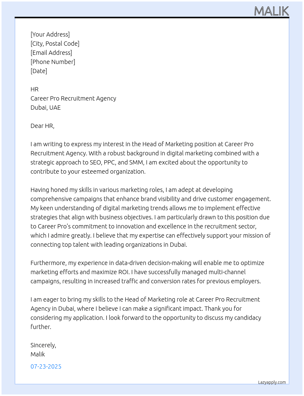 Head of Marketing At Career Pro Recruitment Agency in Dubai Cover Letter