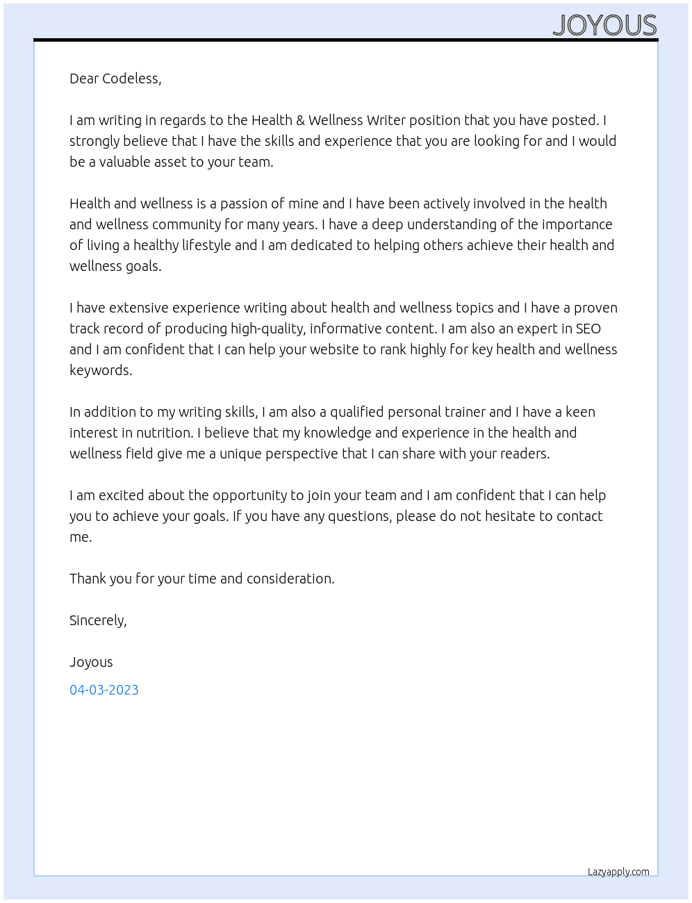 Health & Wellness Writers At codeless Cover Letter