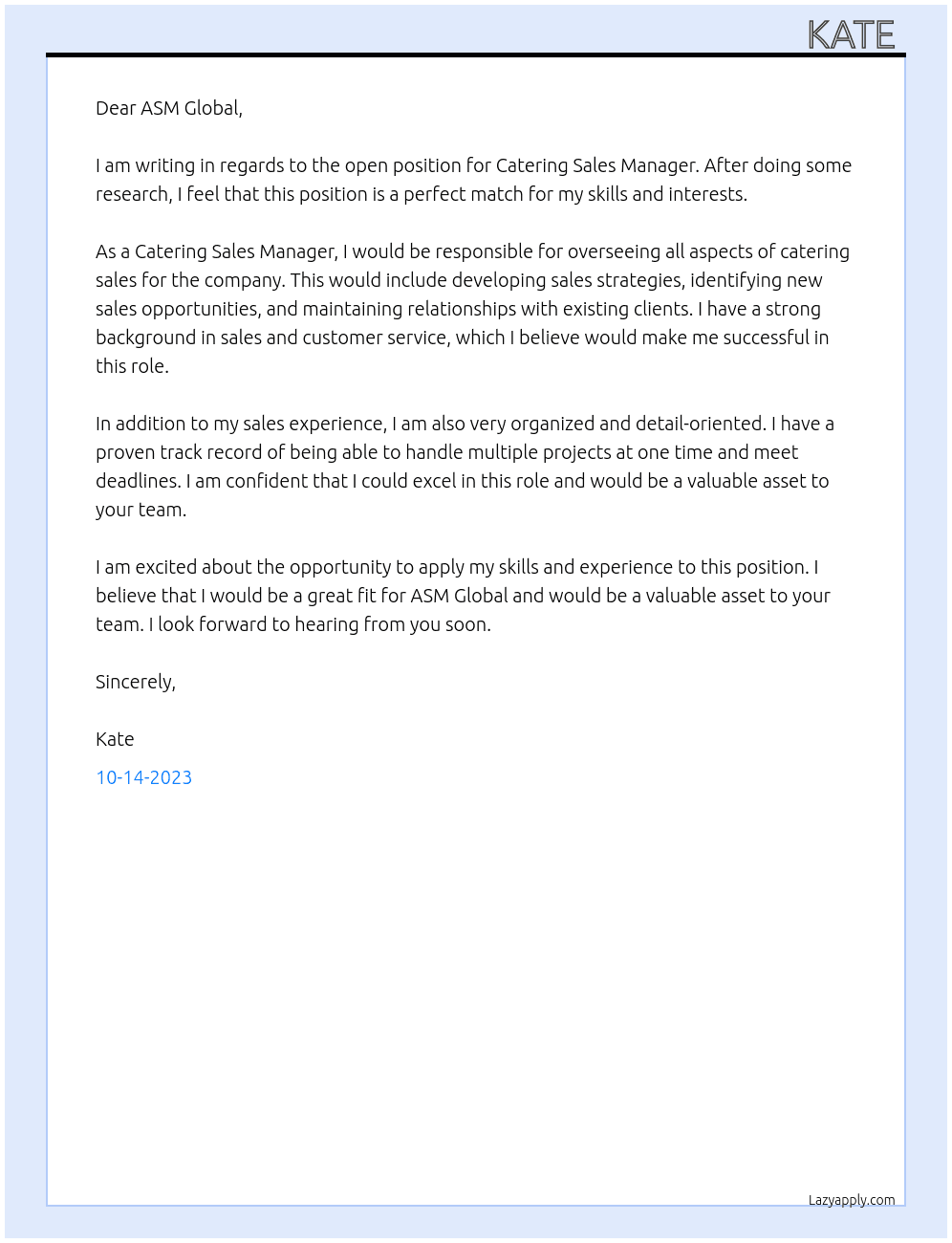 Catering Sales Manager  At ASM Global  Cover Letter