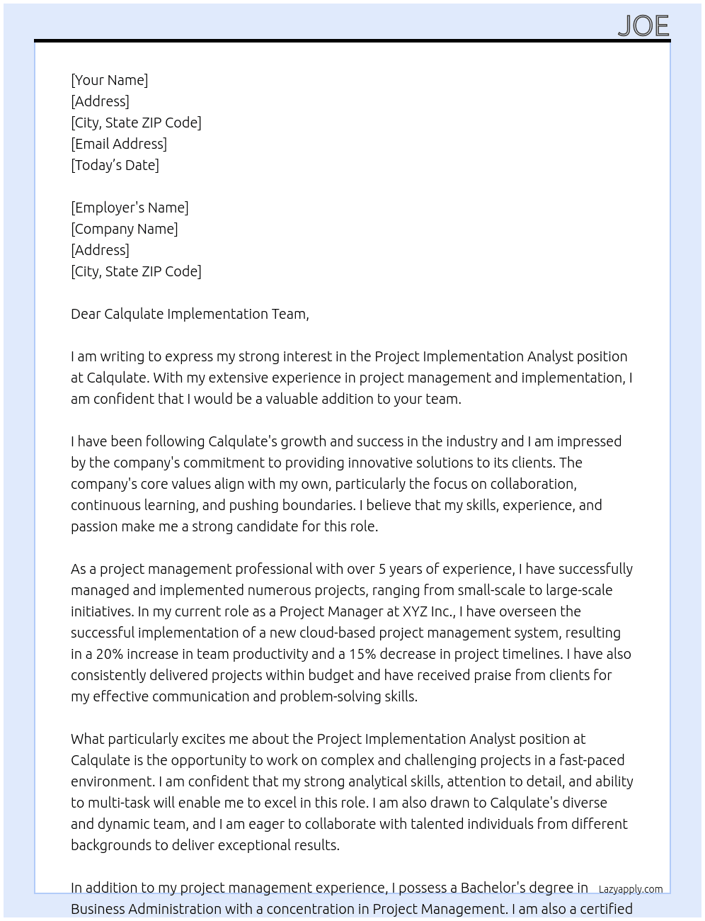 Project Implementation Analyst At Calqulate Cover Letter