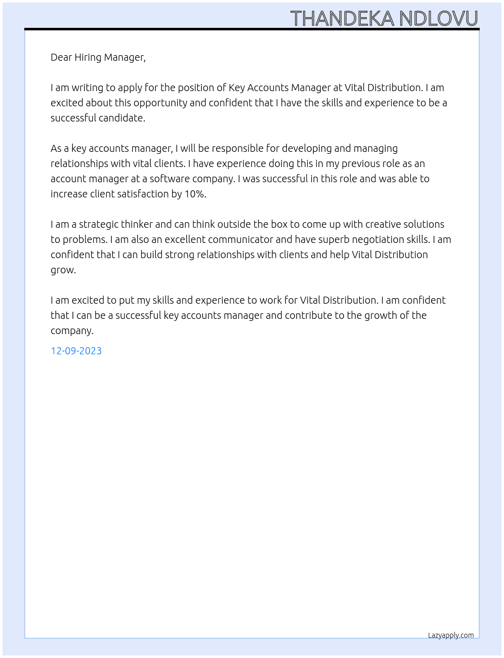Key Accounts Manager At Vital Distribution  Cover Letter