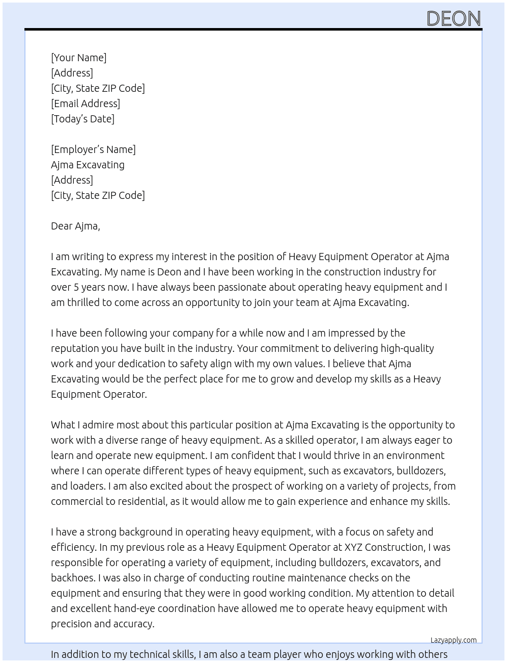 Heavy equidistant operator At Ajma excavating  Cover Letter