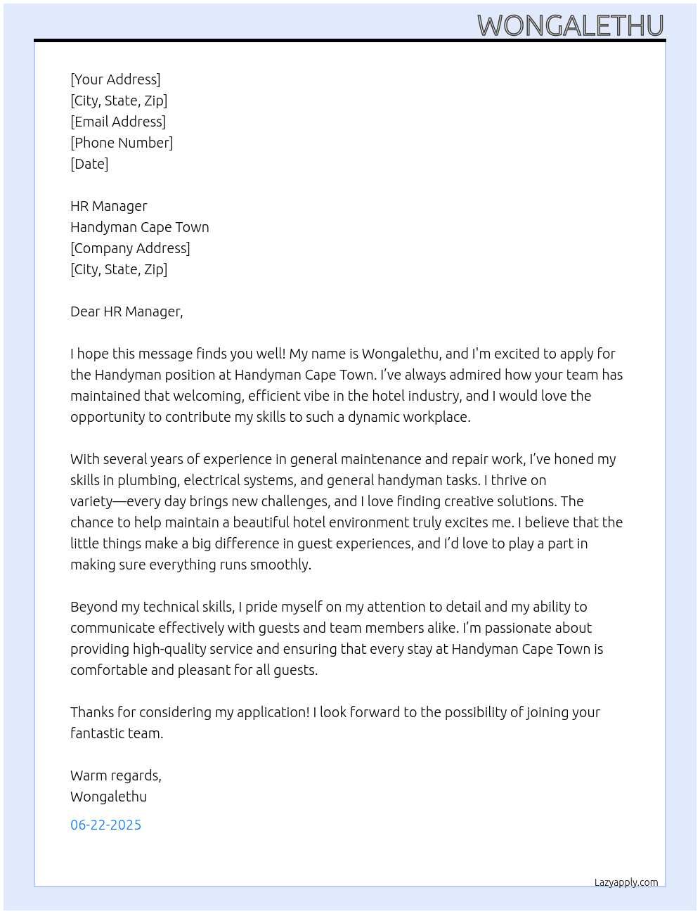 Handyman hotel At Handyman capetown Cover Letter