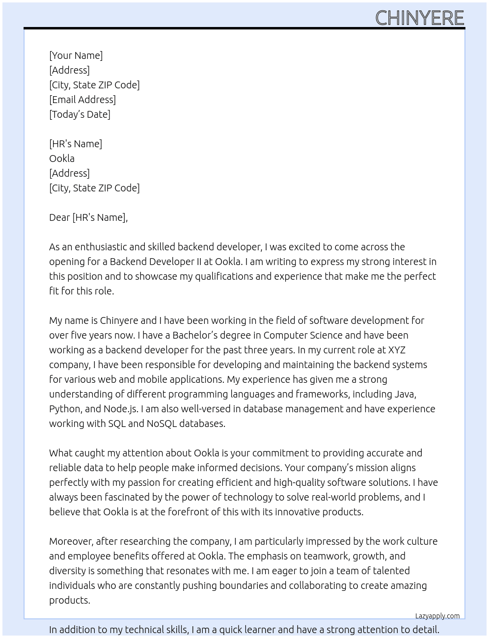 backend developer II At Ookla Cover Letter
