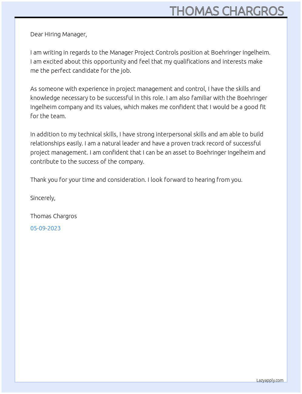 Manager Project Controls At Boehringer Ingelheim Cover Letter