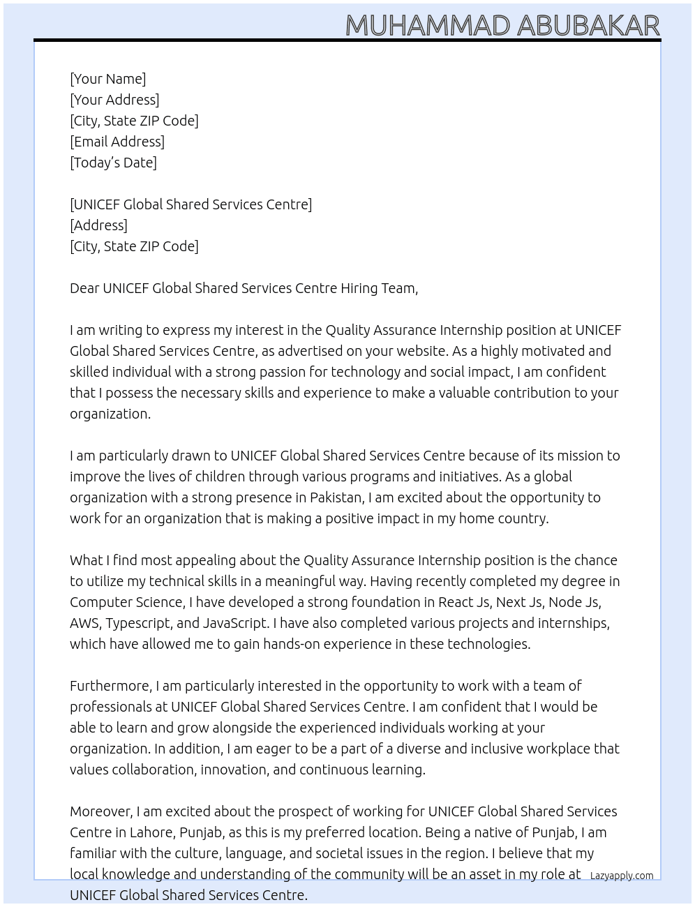 Quality Assurance Internship At UNICEF Global Shared Services Centre Cover Letter