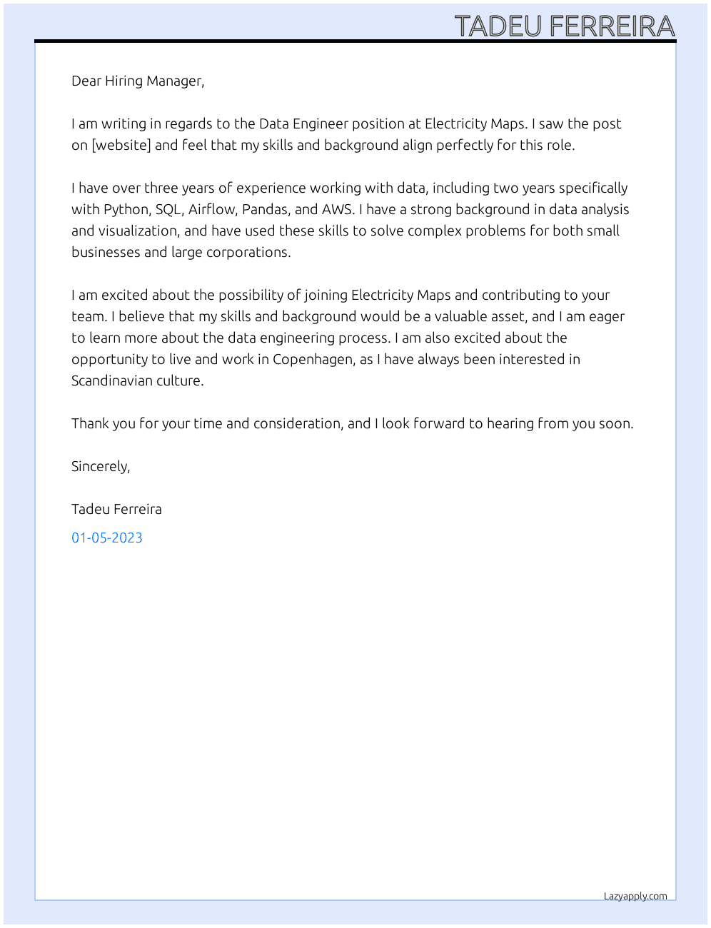 Data Engineer At Electricity Maps Cover Letter