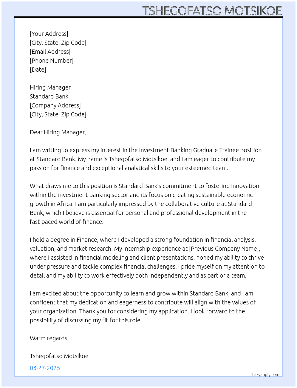 Cover letter for investment banking graduate, trainee - LazyApply